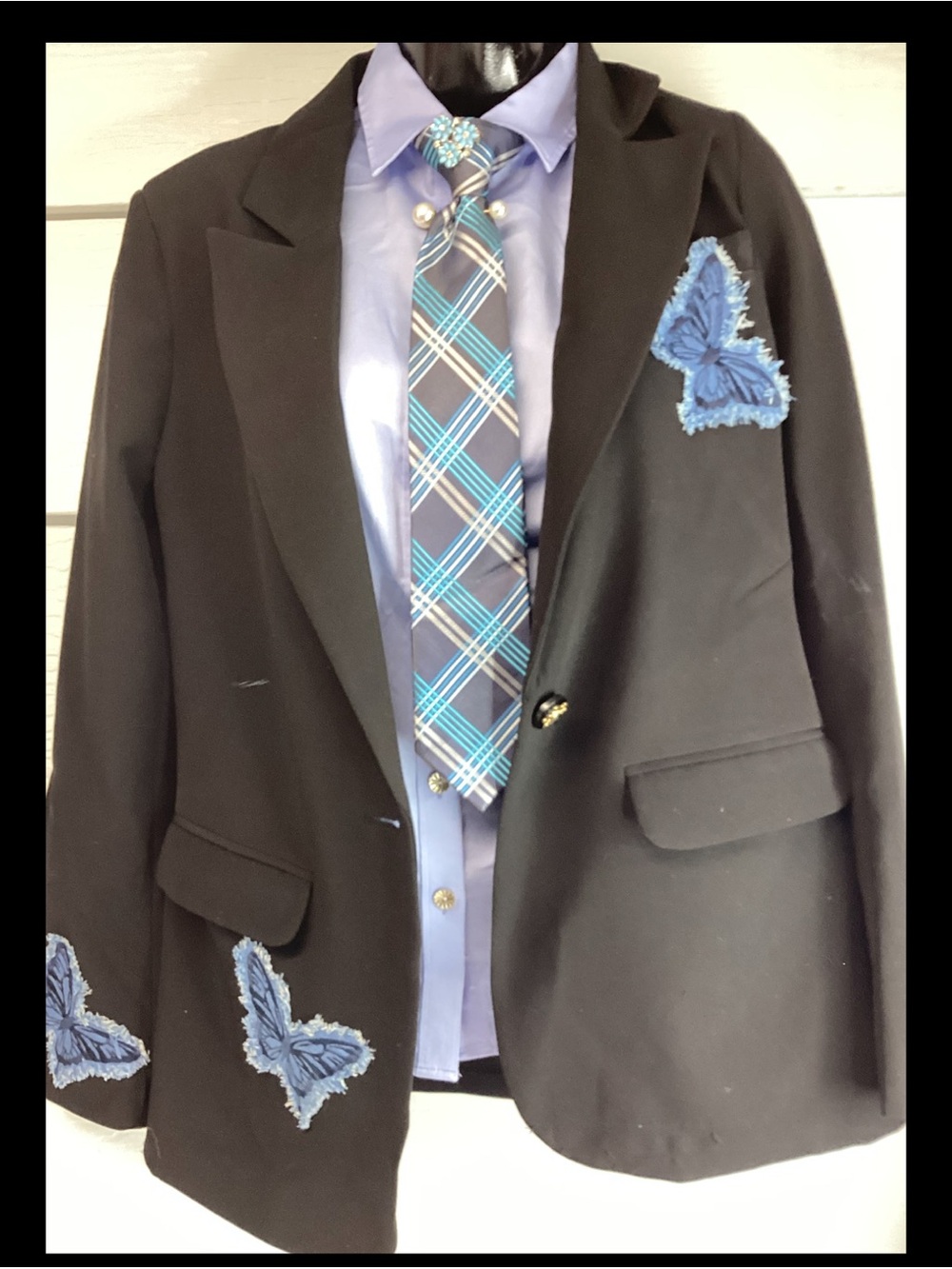 Black Men's Blazer with Blue Floral Appliqué - Classic Style (rack)